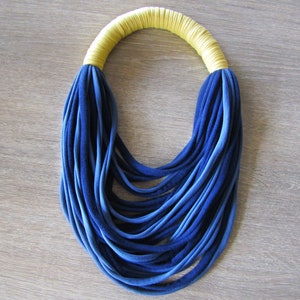 BLUE and YELLOW boho fabric necklace, handmade, statement jewellry