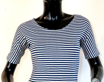 VENTILO La Colline t-shirt & high waist hot pants - stretch cotton jersey Summer shorts set - navy blue + white stripes - French 90s vintage
