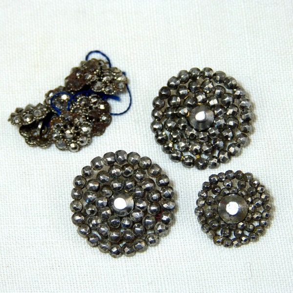 Set of 10 antique Art Nouveau flower shaped buttons - faceted marcasite rhinestones - floral Edwardian haberdashery - French 1900s vintage