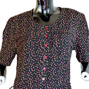 CHRISTINE LAURE viscose day dress - ditsy floral small pink & yellow flowers on black - grunge modest minimal - French 90s does 40s vintage