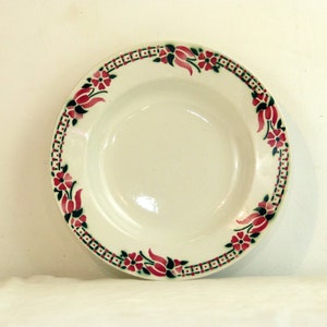 Set of 5 CERANORD St Amand soup plates - Art Deco pink & black flowers floral - antique ironstone tableware - French 30s vintage