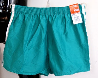 May include: Teal athletic shorts with white side stripes, hanging on a white hanger. The shorts have an elastic waistband and a tag with the brand name and size information. The shorts are made of a lightweight material.
