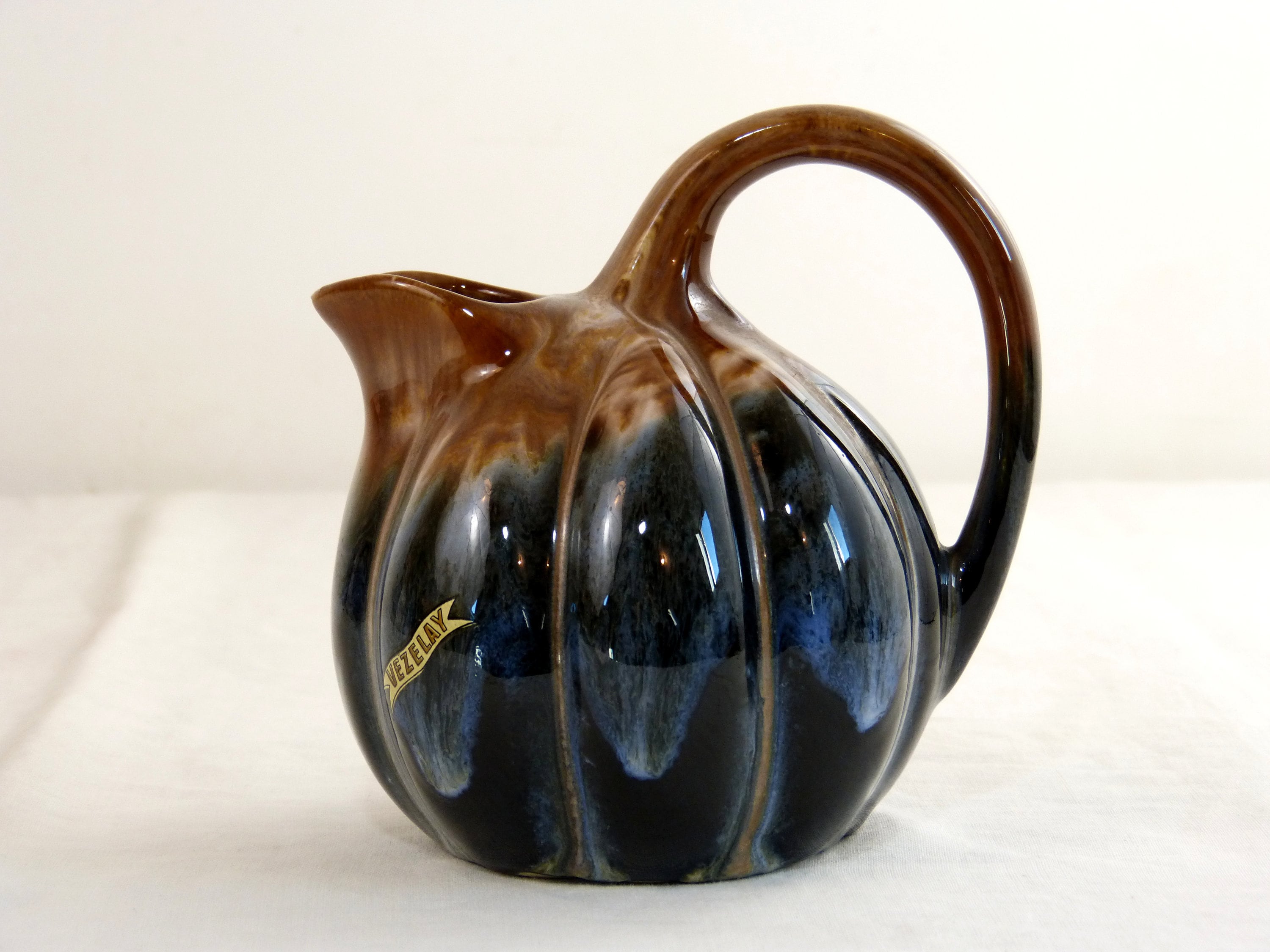 Pichet en Céramique Flammée Forme Potiron Melon - Carafe Broc Retro Emaillée Marron & Bleu Souvenir 