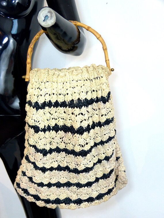 Granny chic woven raffia handbag - mid century ba… - image 2