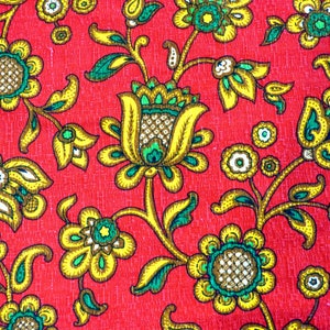 Indienne flower COTAL barkcloth bedcover - mid century fabric single bed coverlet bedspread - green yellow red floral - French 60s vintage