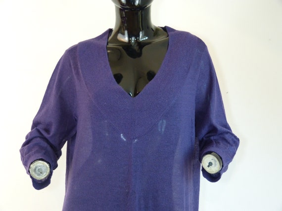 Dries Van Noten, Purple wool DRIES VAN NOTEN knit sweater dress - oversized + see through + v-neck - Winter designer knitwear - French 90s vintage