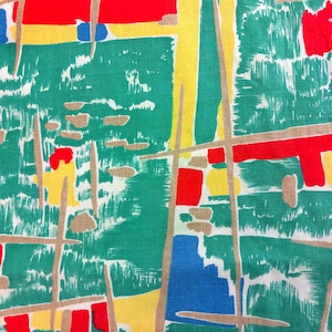 Può includere: Tessuto con motivo geometrico astratto su sfondo bianco con linee e forme colorate in rosso, giallo, blu e verde.