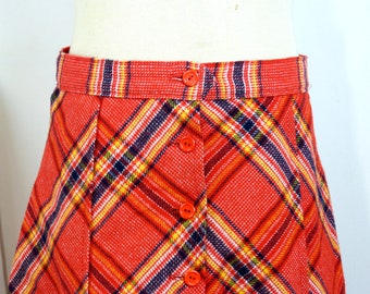 Jupe mi-longue PRISU fillette - motif ecossais carreaux rouge jaune bleu marine - mode enfant Prisunic taille 10 ans - vintage années 70