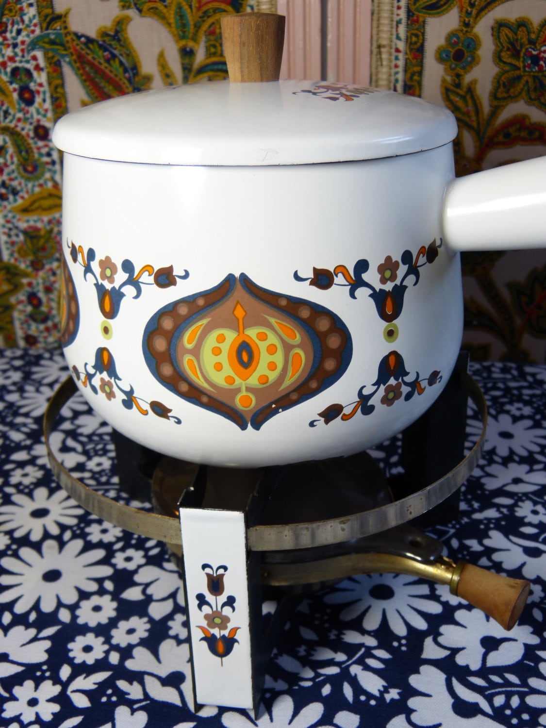 Service à Fondue Metal Emaille - Pomme & Fleur Mod Style Scandinave Vintage Années 60 70