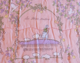 Quilted children kids sleeping bag - romantic shabby pink nursery rhymes print - mid century camping bedding - French 70s vintage