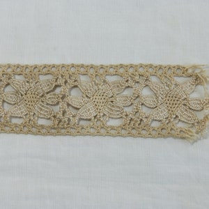 May include: A strip of beige lace with a floral design. The lace features a repeating pattern of stylized flowers and openwork circles. The edge of the lace is frayed. The lace is set against a white background.