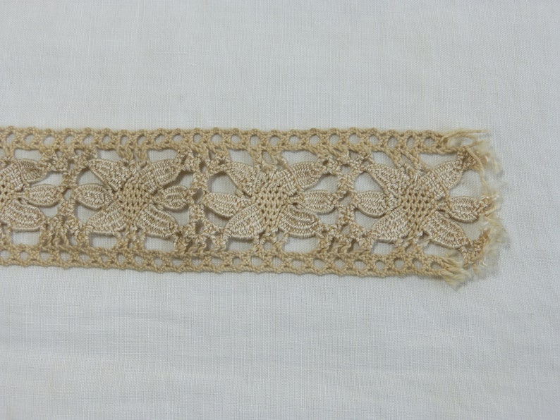 May include: A strip of beige lace with a floral design. The lace features a repeating pattern of stylized flowers and openwork circles. The edge of the lace is frayed. The lace is set against a white background.
