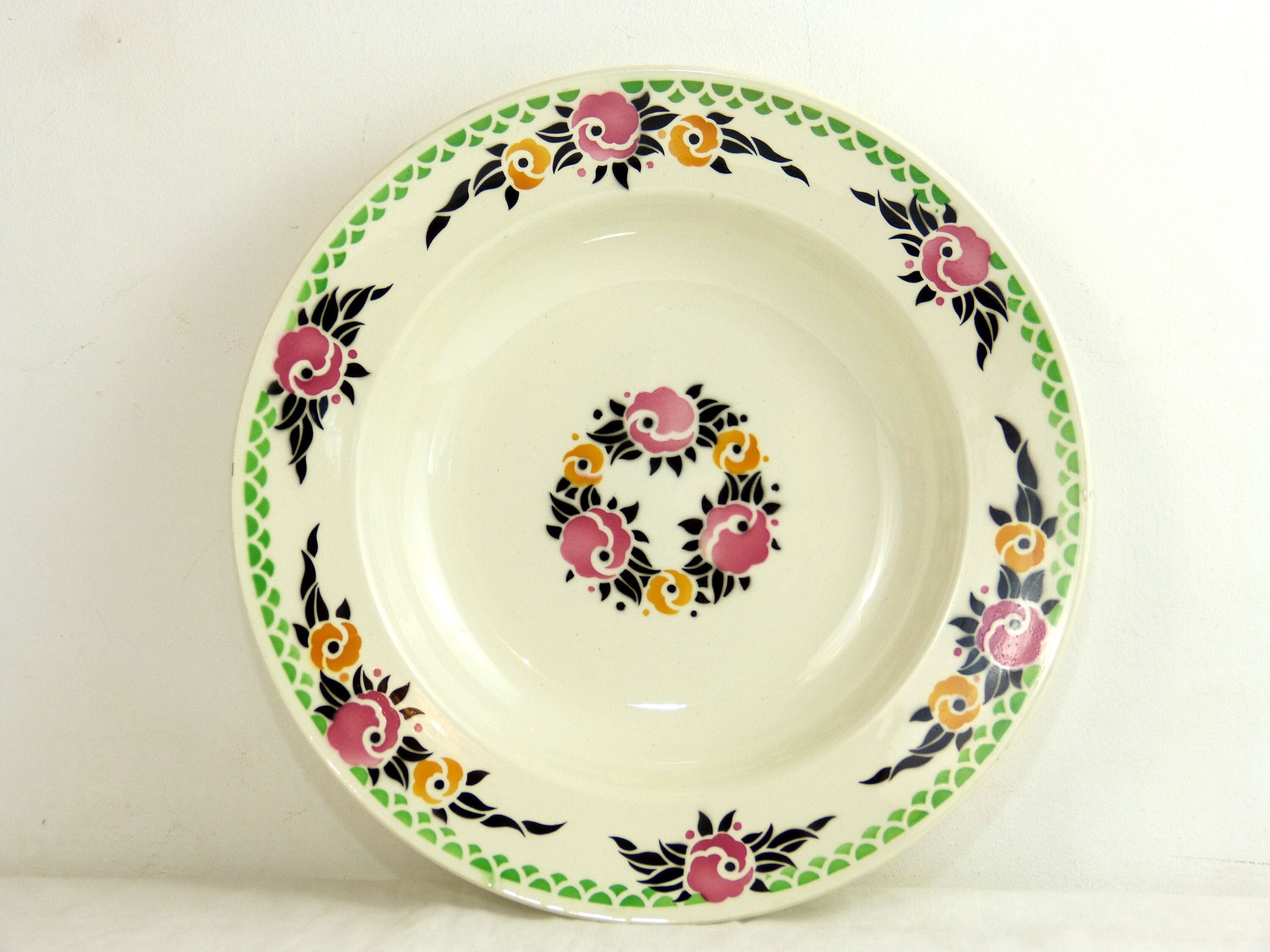 Lot de 4 Assiettes à Soupe Boch Frères La Louvière - Fleur Art Deco Rose & Vert Vaisselle Ancienne B