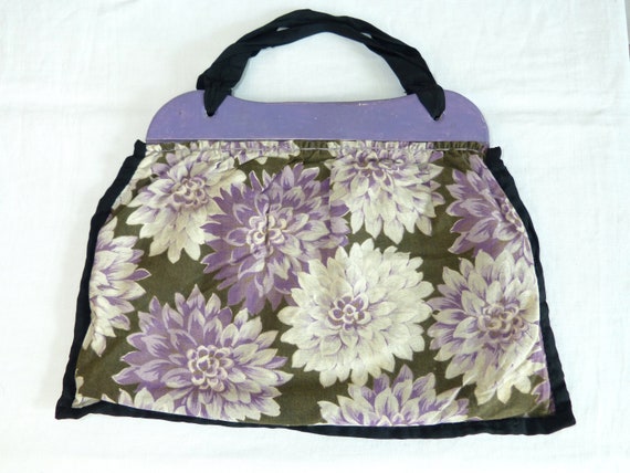 Art Deco floral fabric handbag - purple wood fram… - image 1