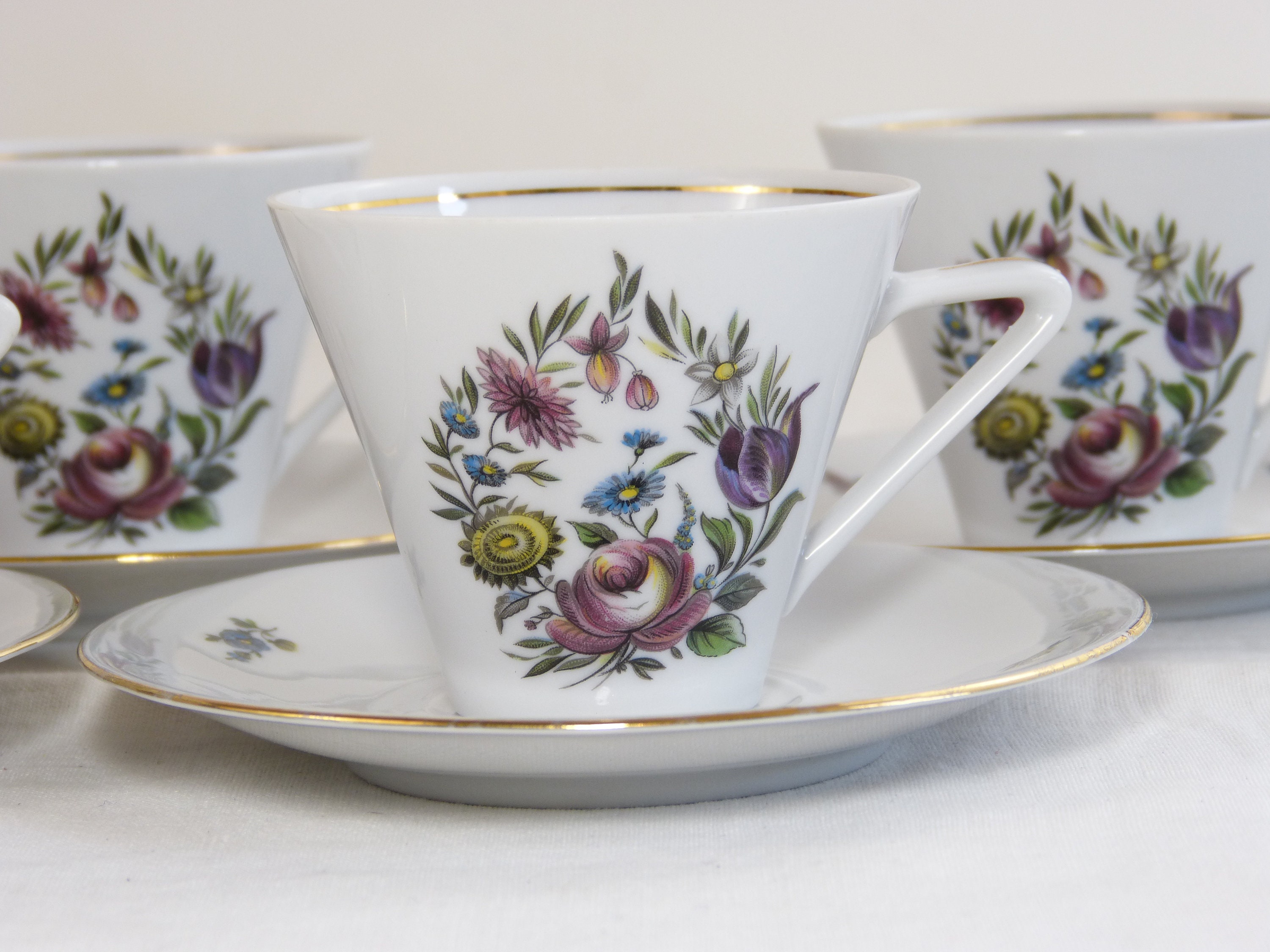 Lot 4 Tasses à Café avec Soucoupes Porcelaine Bavaria Pour Vercor - Fleurs Style Barbizon Shabby Rom