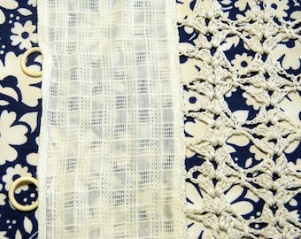 Checked cotton and crochet lace valance curtain with unusual pompoms - shabby boho window topper - French 30s 40s vintage
