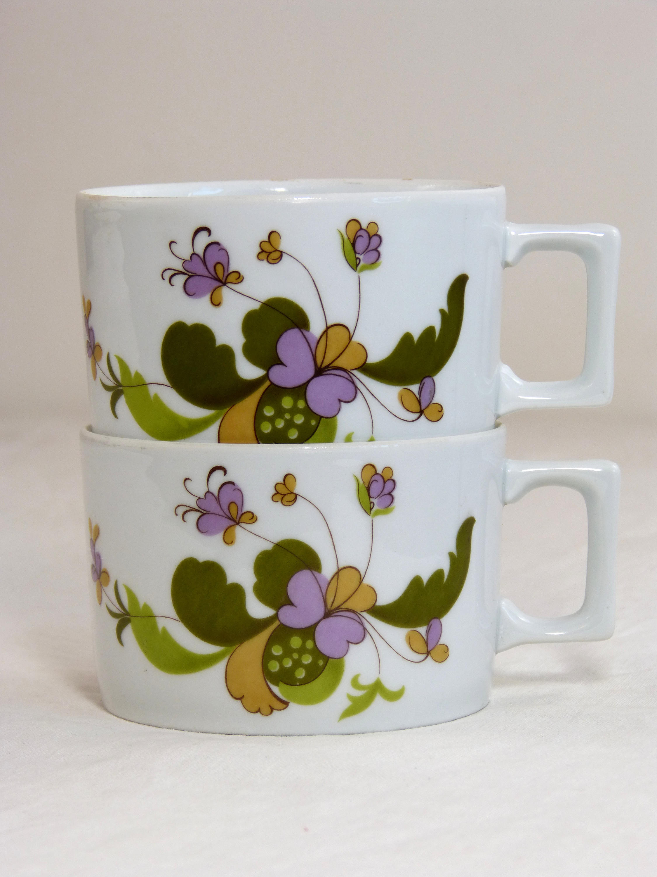 Lot de 2 Tasses Porcelaine Lourioux Pour Berry Limoges - Fleur Stylisée Vert & Lilas Mod Retro Vinta