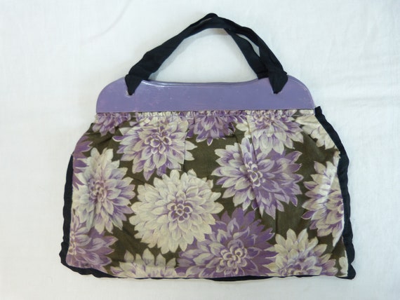 Art Deco floral fabric handbag - purple wood fram… - image 2