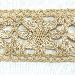 May include: Close-up of a beige lace trim with a floral design. The trim features a repeating pattern of stylized flowers and openwork details. The lace is made of a soft, textured material, and is set against a white background.