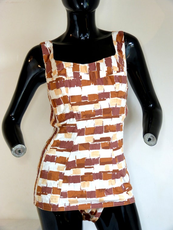 Brown abstract plaid cotton LIVIA one piece swimsu