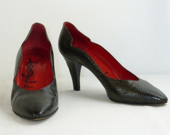 Python YSL Yves Saint Laurent Paris High Heel Shoes - Black & Kaki