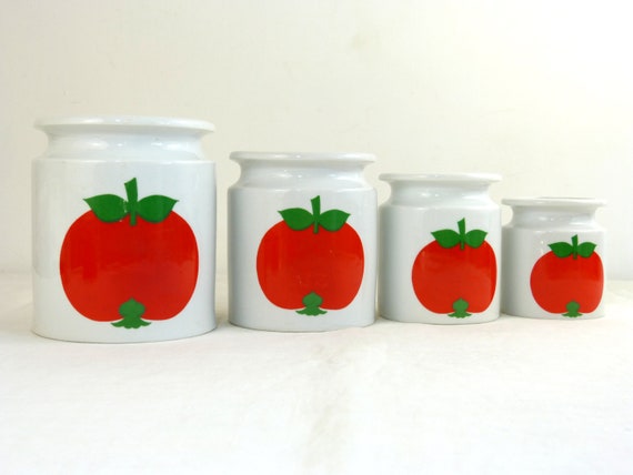 Ensemble 4 pots bocaux HERRANDIZ porcelaine motif pomme rouge rangement  cuisine retro campagne vintage années 70 -  France