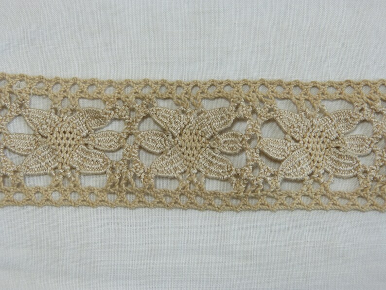 May include: Close-up of a beige crocheted lace trim with a floral design. The trim features a repeating pattern of stylized flowers and openwork details, suitable for various craft projects.