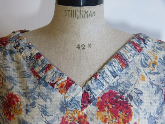 Flower print nylon seersucker Sous le signe de Paris dress - mid century floral designer Summer fashion size M - French 50s vintage