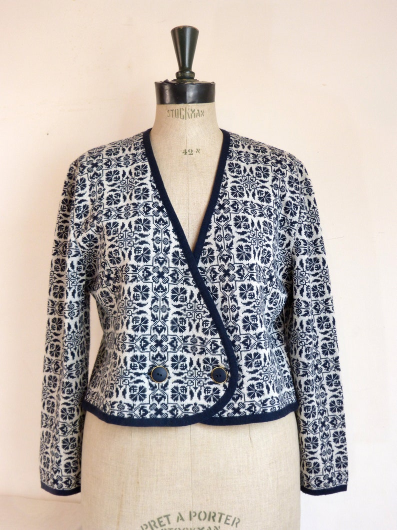 Floral DEVERNOIS Wool Blend Knit Cardigan Navy Blue Flowers - Etsy