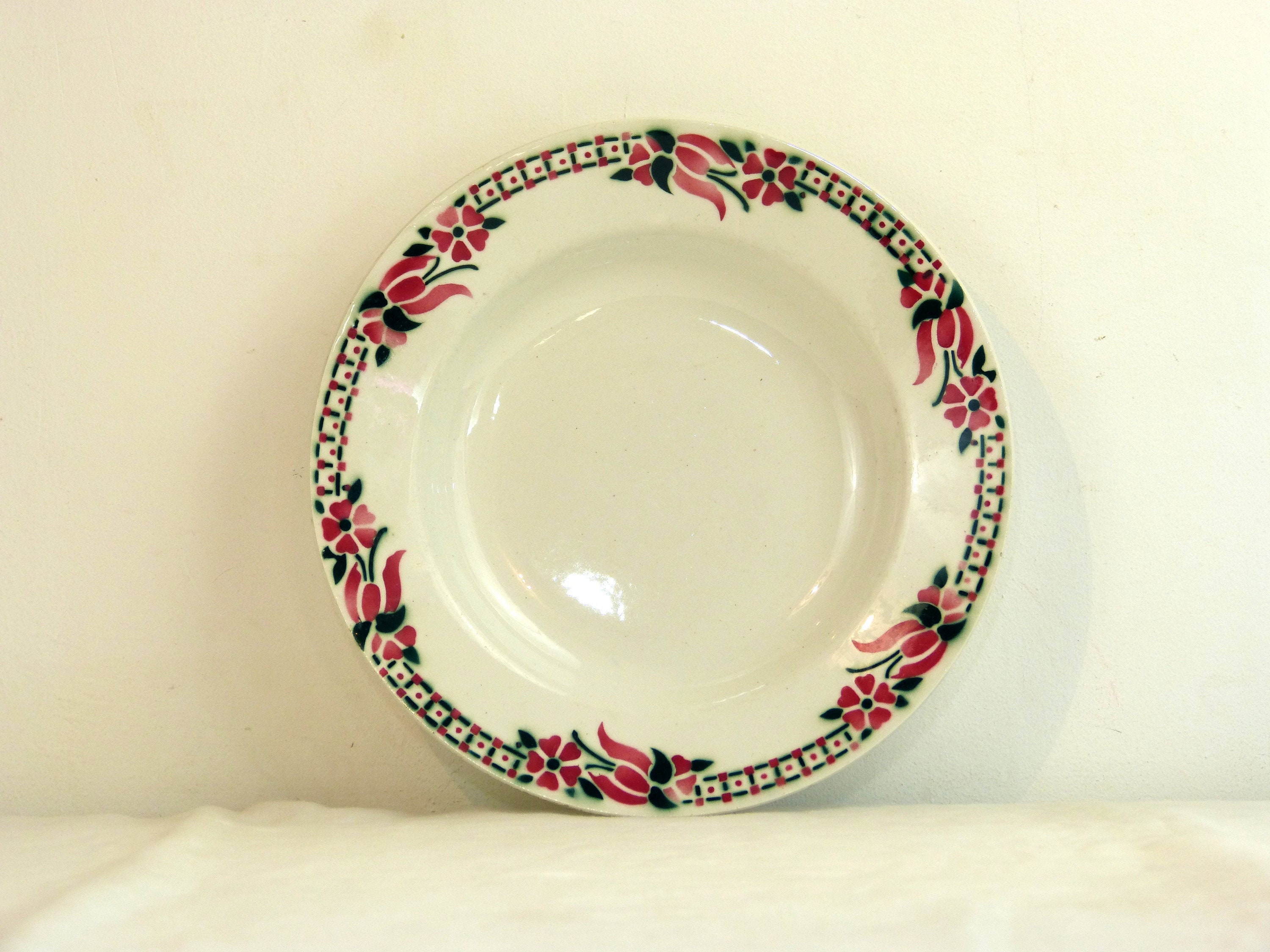 Lot 5 Assiettes à Soupe Ceranord St Amand - Decor Floral Art Deco Fleurs Rose & Noir Vaisselle Ancie