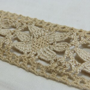 May include: Close-up of a beige lace trim with a floral leaf design. The trim is made of a woven material and is set against a white background. The lace has an openwork pattern.