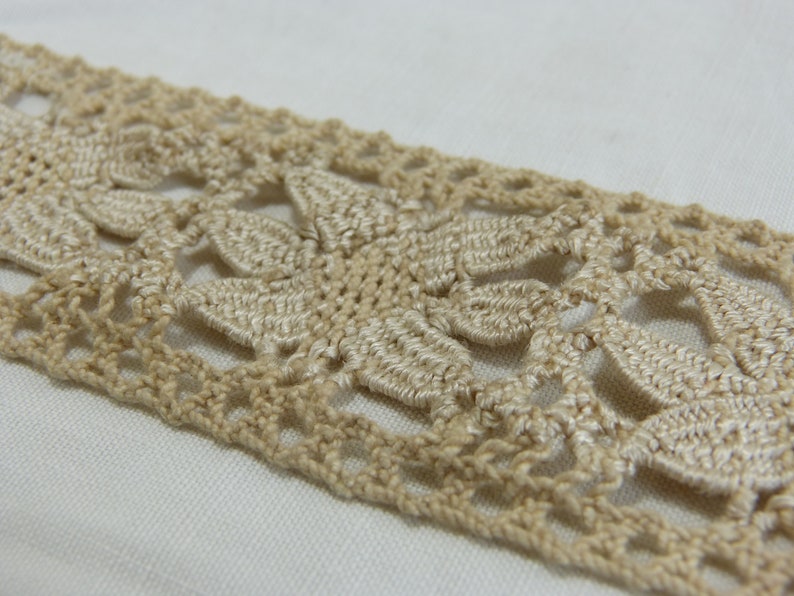 May include: Close-up of a beige lace trim with a floral leaf design. The trim is made of a woven material and is set against a white background. The lace has an openwork pattern.