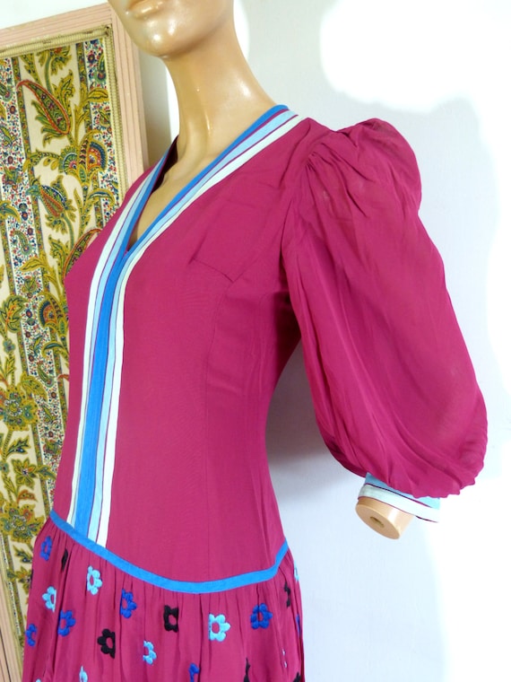 Fuchsia pink and blue mod daisy embroidered maxi d