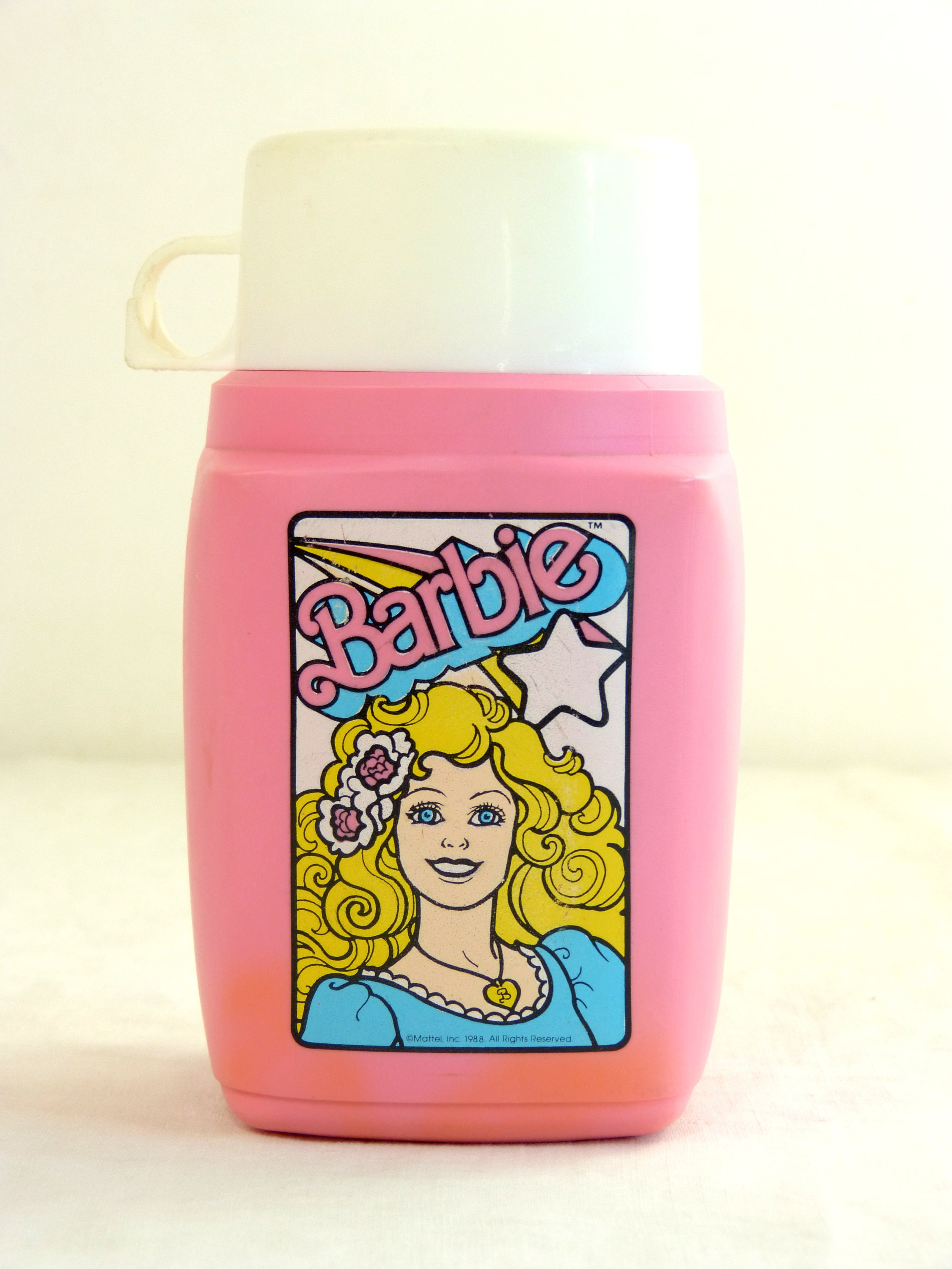 1988 Barbie Thermos Roughneck Flask Pour Mattel - Bouteille en Plastique Rose & Blanc Rare Collector