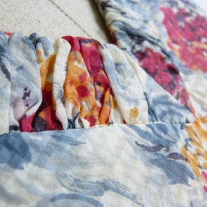May include: Close-up of a white, blue and pink floral print fabric with a gathered neckline. The fabric is sheer and has a delicate texture.