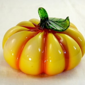 Hand blown Murano glass pumpkin - yellow orange vegetable + green leaf - mid century glass - Fall Halloween retro decor - French 60s vintage