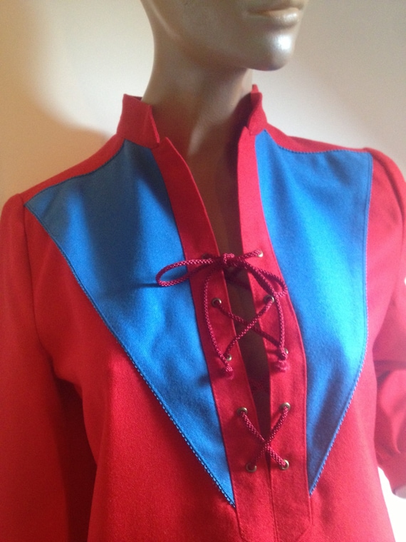 Laced bodice bright red and royal blue wool dress… - image 1