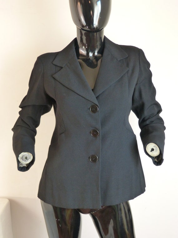 Black Gabardine Wool Tailored Jacket Structured Blazer Wide Collar 