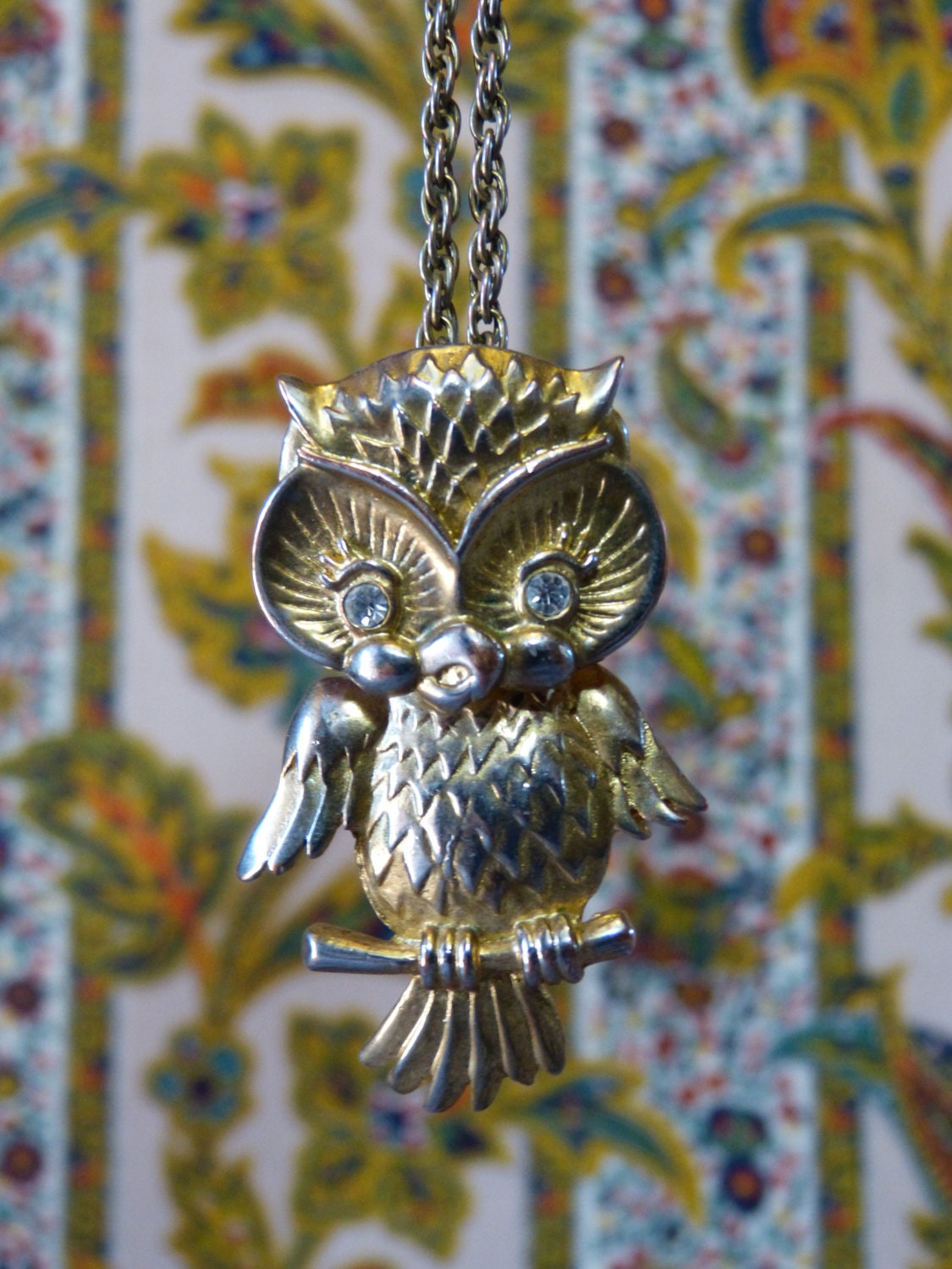 Gold tone metal and white rhinestone owl shaped necklace - quirky animal mid century pendant & b