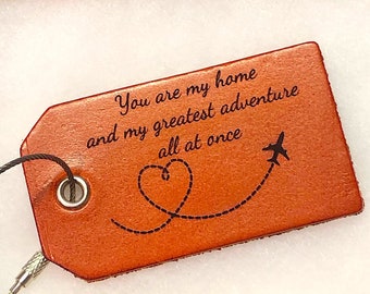 Valentines day gift, You are my home and greatest adventure all at once, Luggage tag, Travel tag, Gift for couple, Airplane heart, leather