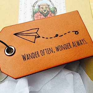 Airplane Luggage Tag, Travel Gifts, Wander often, Wonder Always, Gift for Traveler, Travel Quotes, Graduation Gift, Personalized, For Him