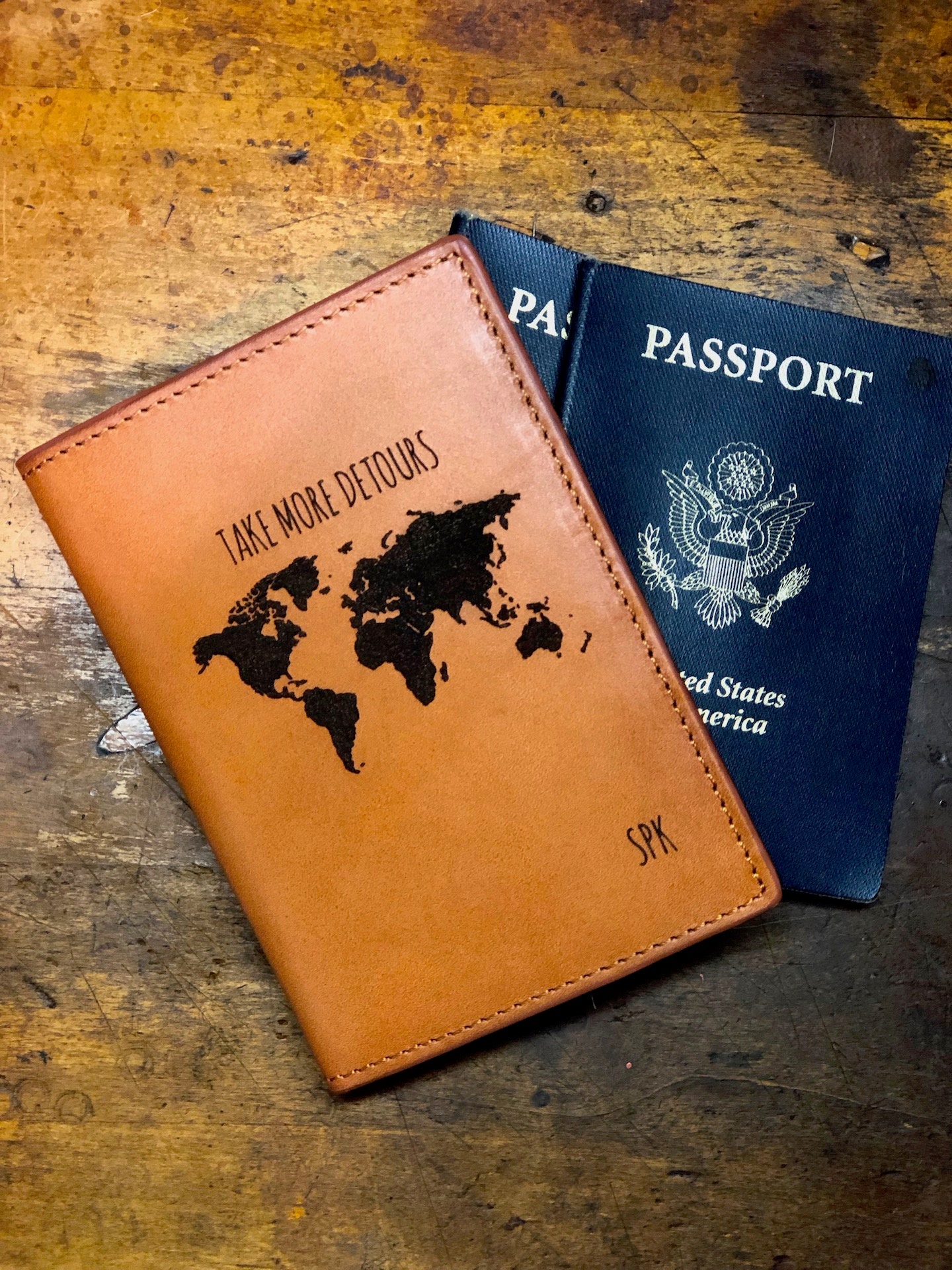 World Map Personalized Leather Passport Holder Cover Customized Travel Gift