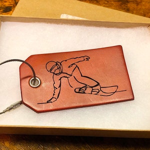 Snowboarder Gift, Leather Luggage tag, Gifts for Him, Snowboarding Gift, Ski Gifts, Travel to the Mountains, Travel Tag, Shred, Baggage tag,