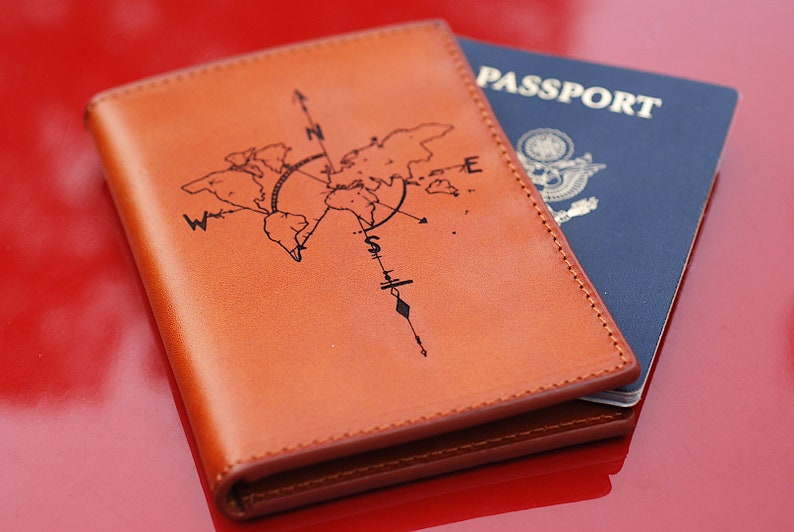LEATHER Passport Wallet COMPASS Custom Quote Handmade Etsy