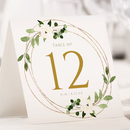 Wedding Table Numbers Template Geometric Greenery With Faux Etsy