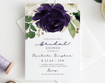 Purple  Bridal Shower Invitation Template with Wedding Registry on Back - Watercolor Bridal Bouquet | Templett Edit & Download PDF
