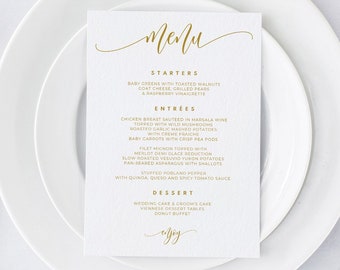 Gouden bruiloft menusjabloon | DIY afdrukbare trouwmenu's | Gouden flair kalligrafie | ONLINE BEWERKEN - Downloaden als PDF| (5 x 7)