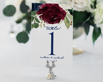 Marine & Burgunderrote Hochzeit Tischnummern Vorlage | Tischnummern | Aquarell Brautstrauß | BEARBEITEN Sie online im Templett- Download PDF