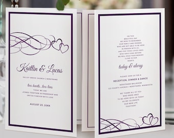 Printable Wedding Program Template (Foldover Booklet) | Beloved Hearts (Dark Plum or ANY COLOR!) | Edit Online in Templett | Download- Print