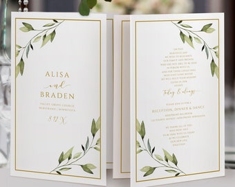 Boho Wedding Program Template | Ethereal Greenery with Gold Folding Wedding Program - Printable | EDITABLE Templett | DIY Wedding